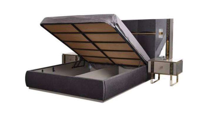 Luxury bedroom furniture Double bed Bedside tables Gray 4-piece Wardrobe Bed