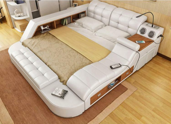 Bed Double Shelves Leather Upholstery Beds Multifunction with new massage function