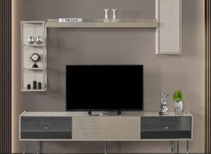 Wall unit TV-cabinet Lowboard TV Stand Wardrobe Wood Gray Shelves Living room