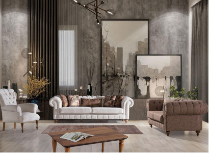 White -Brown Chesterfield Seating group Designer Sofas Luxury Suite 3+2+1