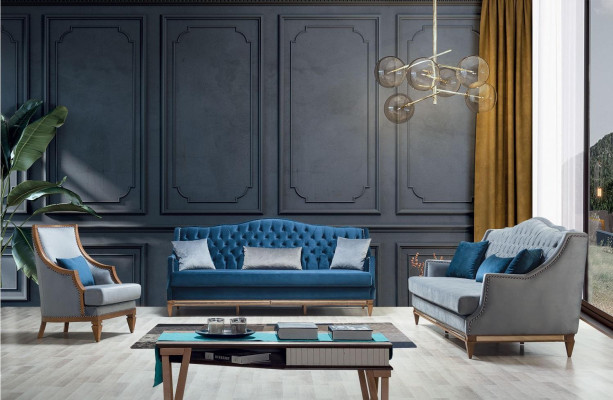 Modern Blue e Chesterfield Sofa set Designer Three Seater Luxury Armchair