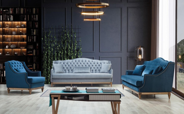 Modern Blue e Chesterfield Sofa set Designer Three Seater Luxury Armchair