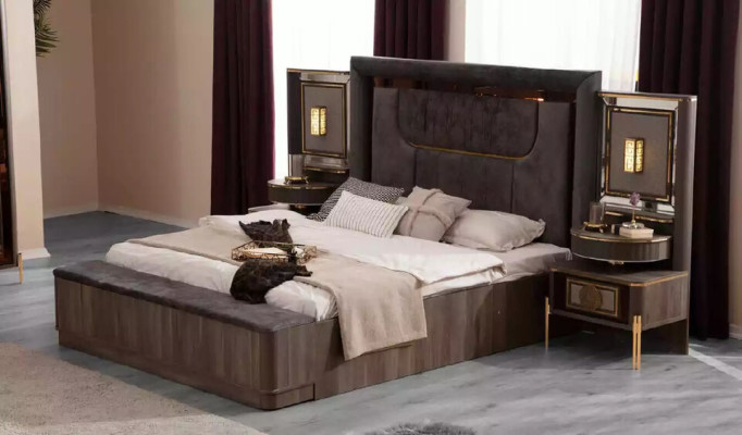 Complete e Double bed Bedroom Wardrobe Bed Set 5-piece Gray Fabric