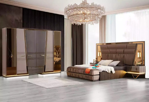 Double bed Modern Bedroom Suite Luxury Gold Bed Set 4pcs Beige