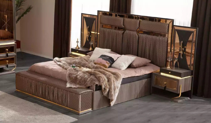 Suite Double bed Beige Bedside tables Bedroom Bed Set 4-piece Stool