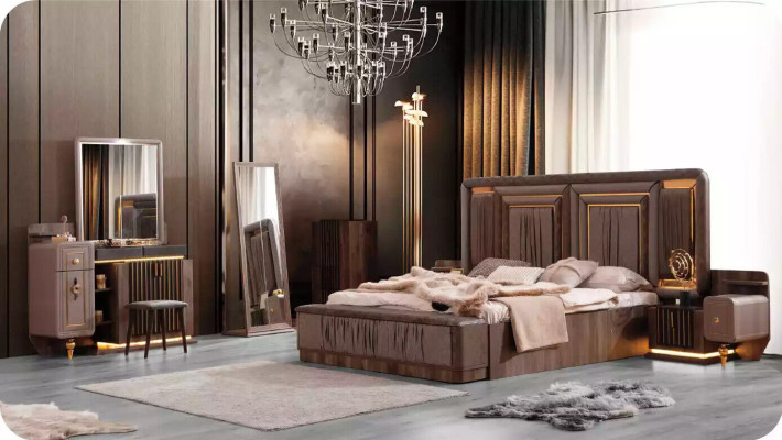Luxury Suite Double bed Set 6pcs Beige Fabric Bed bed base Bedroom