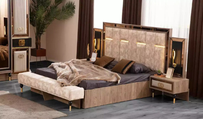 Complete e bedroom furniture luxury bed set 6 pieces double bed beige fabric