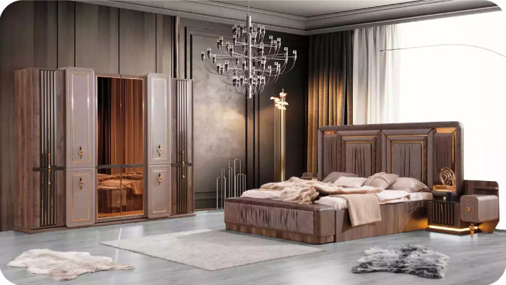 Complete e bedroom furniture luxury bed set 4 pieces double bed beige fabric
