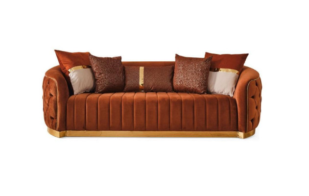 Orange Textile Three Seater Modern Designer Luxury Couch Sofa Velvet Chesterfield