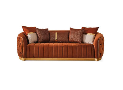 Orange Textile Three Seater Modern Designer Luxury Couch Sofa Velvet Chesterfield