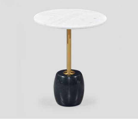 Designer round side table with marble top. High-quality coffee table