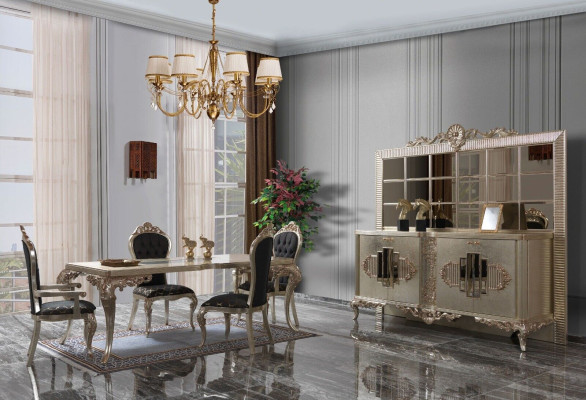 Luxury Dining set Sideboard Dining room Dining table Chairs Wood 10pcs Beige