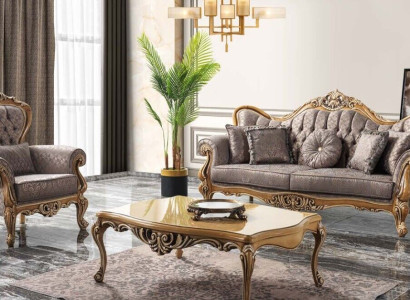 Chesterfield Sofa set Three Seater Armchair Fabric Coffee table Gray Sofa