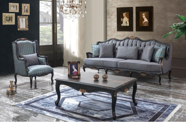 Chesterfield Sofa set Three Seater Armchair Fabric Coffee table Blue new