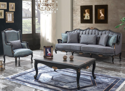 Chesterfield Sofa set Three Seater Armchair Fabric Coffee table Blue new
