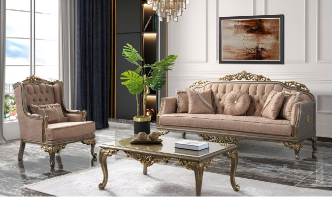 Chesterfield Sofa set Three Seater Armchair Fabric Coffee table Beige new