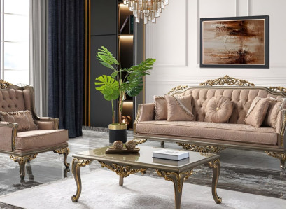 Chesterfield Sofa set Three Seater Armchair Fabric Coffee table Beige new