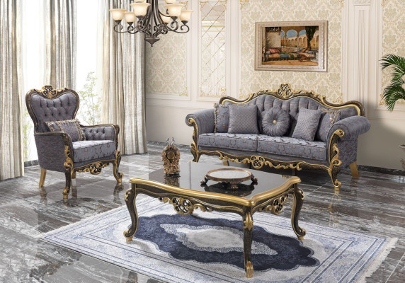 Sofa set Chesterfield upholstered sofa Blue three-seater armchair set