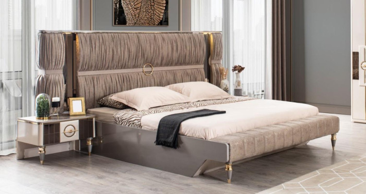 Modern Suite Double bed Bed Beige Wood Luxury Bedroom Set 4pcs