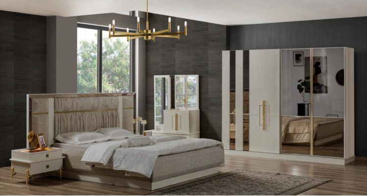 Double bed Bedroom Suite Wood Beige Fabric Bedside tables Set 4pcs