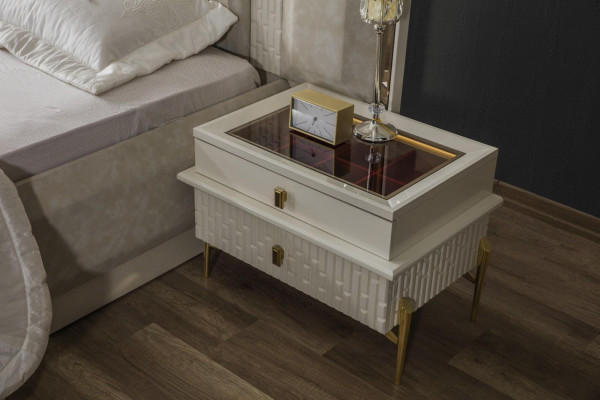 Double bed Bedroom Suite Wood Beige Fabric Bedside tables Set 4pcs