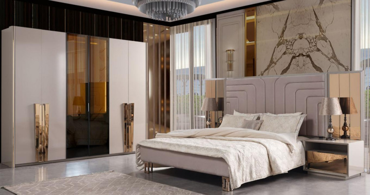 Suite Double bed Bed Beige Wood Luxury Modern Bedroom Set 3pcs