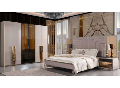 Suite Double bed Bed Beige Wood Luxury Modern Bedroom Set 3pcs