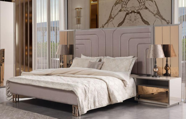 Suite Double bed Bed Beige Wood Luxury Modern Bedroom Set 3pcs