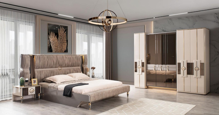 Luxury Double bed Suite Bed Beige Wood Modern Bedroom Set 3pcs