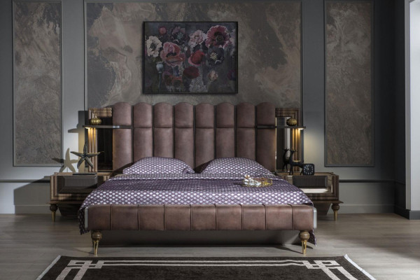 Complete e Bedroom furniture Double bed Brown Fabric Bed Set 3-piece Bedside tables
