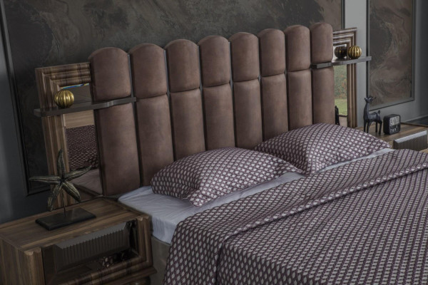 Complete e Bedroom furniture Double bed Brown Fabric Bed Set 3-piece Bedside tables