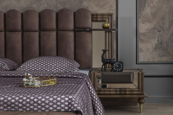 Complete e Bedroom furniture Double bed Brown Fabric Bed Set 3-piece Bedside tables