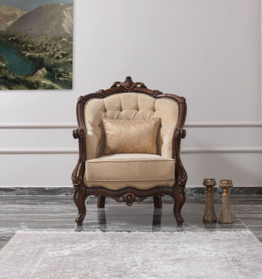 Armchair Wing Chair Seater Fabric Beige Polyester Wood Living room Baroque