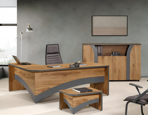 Corner Office table Study room furniture Complete Office Office 3-piece Wood Brown Set