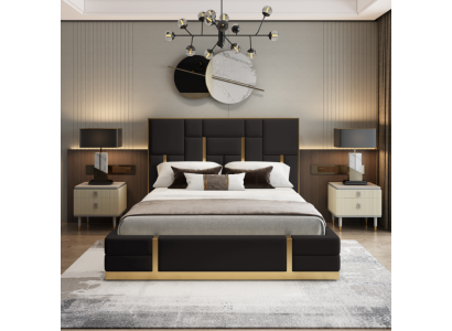 Black Bedroom Bed Designer Wood Double bed Luxury stainless steel bed