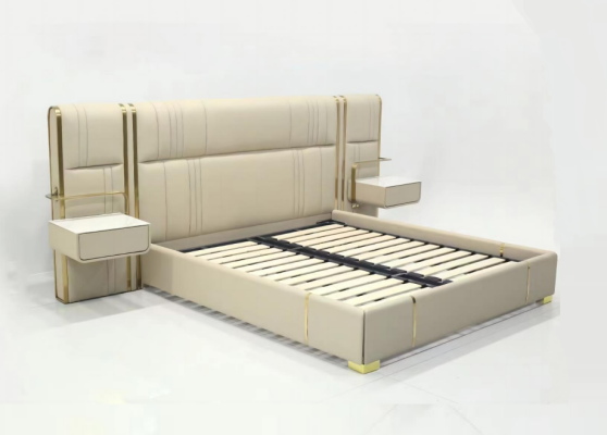 Beige Bedroom Double bed with large Headboard Designer Wood Beds
