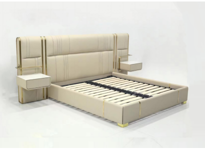 Beige Bedroom Double bed with large Headboard Designer Wood Beds