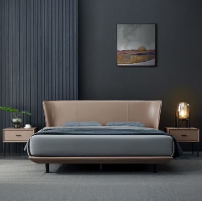 Beige Imitation leather Bedroom Double bed Designer Wooden Frame Beds
