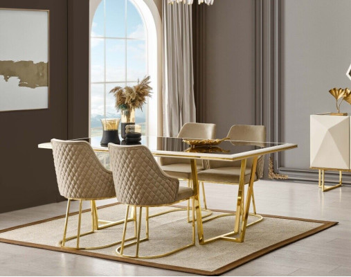 Modern Dining set Luxury Dining table Dining table Chairs 7-piece Beige Gold Set