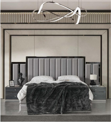 Suite Bedroom Double bed Bed Bedside tables 3pcs Gray Wardrobe