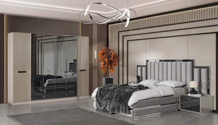 Suite Bedroom Double bed Bed Bedside tables 3pcs Gray Wardrobe