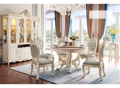 Pearl white Dining room Set Dining table 6x Chairs Display case 8-piece luxury set