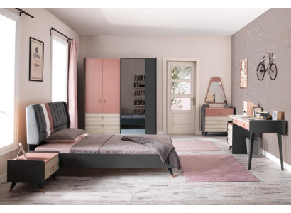 Bedroom 6tlg Bed Bedside table Wardrobe Chest of drawers Mirror Desk