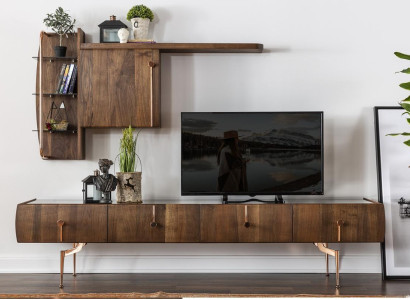Wall unit TV-cabinet Lowboard TV Stand Sideboard Suite Brown Wood Shelves