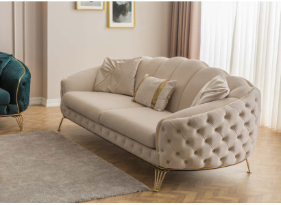 Modern Chesterfield Beige Living room Sofa set x2 3 Seater Upholstered Armchairs