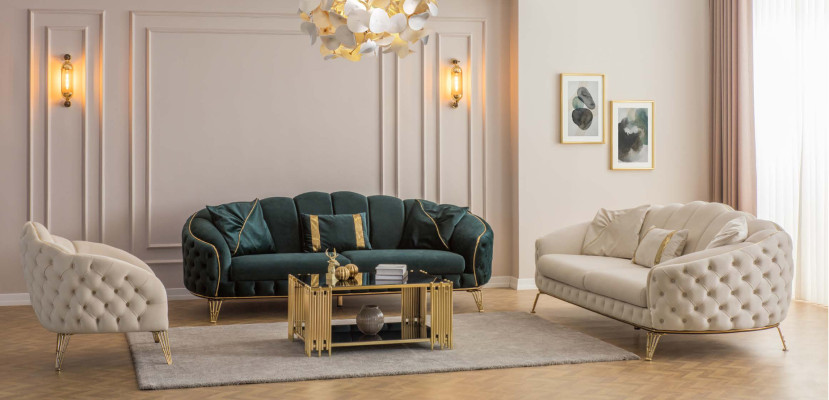 Modern Chesterfield Beige Living room Sofa set x2 3 Seater Upholstered Armchairs