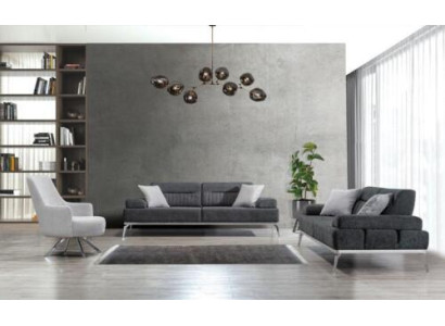 Living room set 3 pieces 2x 3-seater gray with white armchair modern design textile