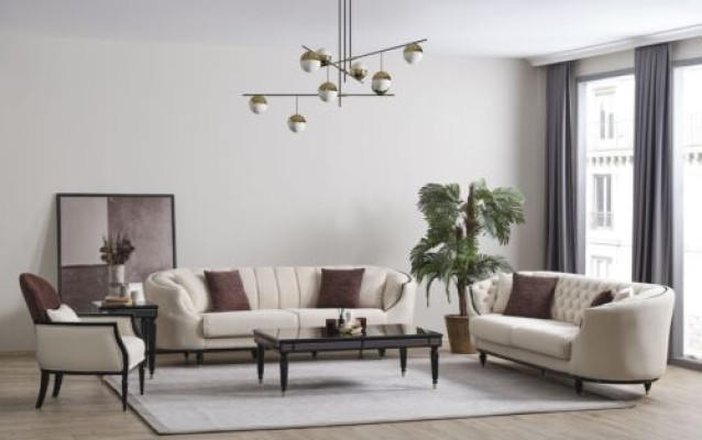 White living room set sofa set 3+3+1 coffee table side table 5 pieces