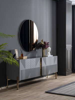 Black dining room set designer sideboard luxury round mirror 2 pieces