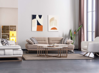 White-Beige Living room couch set Robust 3-Seater Coffee table 6-piece